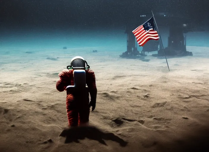Image similar to astronaut underwater putting a flag in the sand of the bottom of the ocean. there is a submarine that looks like a rocket in the distance. dark, concept art, cinematic, dramatic, atmospheric, 8 k, trending on artstation, low visibility, zack snyder