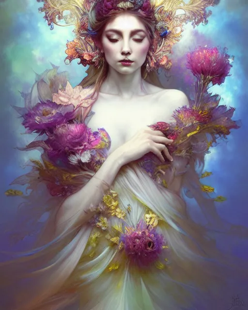 Image similar to Full View ultrarealistic Portrait ethereal fantasy deity wearing beautiful gown, flowers, spirituality, levitating, 4k digital masterpiece by Anna Dittman and Alberto Seveso Ruan Jia, rossdraws, artgerm and greg rutkowski and alphonse mucha and loish and WLOP, fantasycore, Hyperdetailed, fractals, scribble art, realistic digital painting, atmospheric, fireflies, soft lighting, featured on Artstation