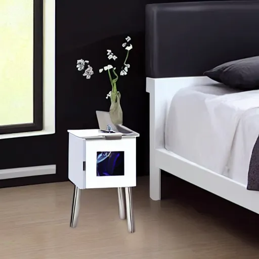 Prompt: white zen clean modern minimalist glass bedside - table, softly lit