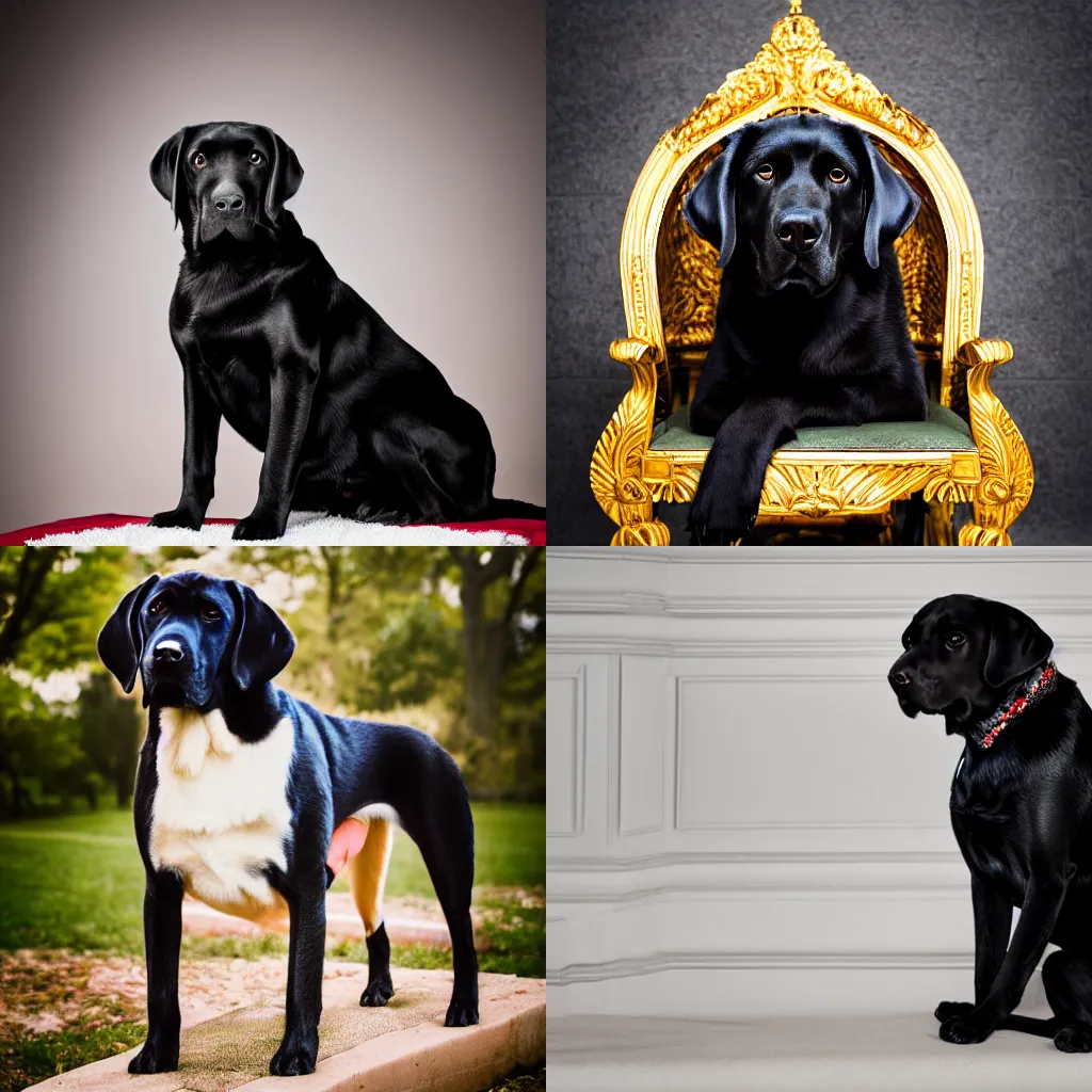 Prompt: A portrait of an black English Labrador Retriever sitting on royal throne, Sigma 85mm f/1.4, DSLR 8k