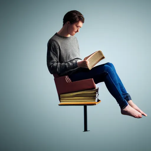 Prompt: a photo of someone sitting in the air reading a book, realistic, detailed, studio lighting, award winning photo, 8k, hd