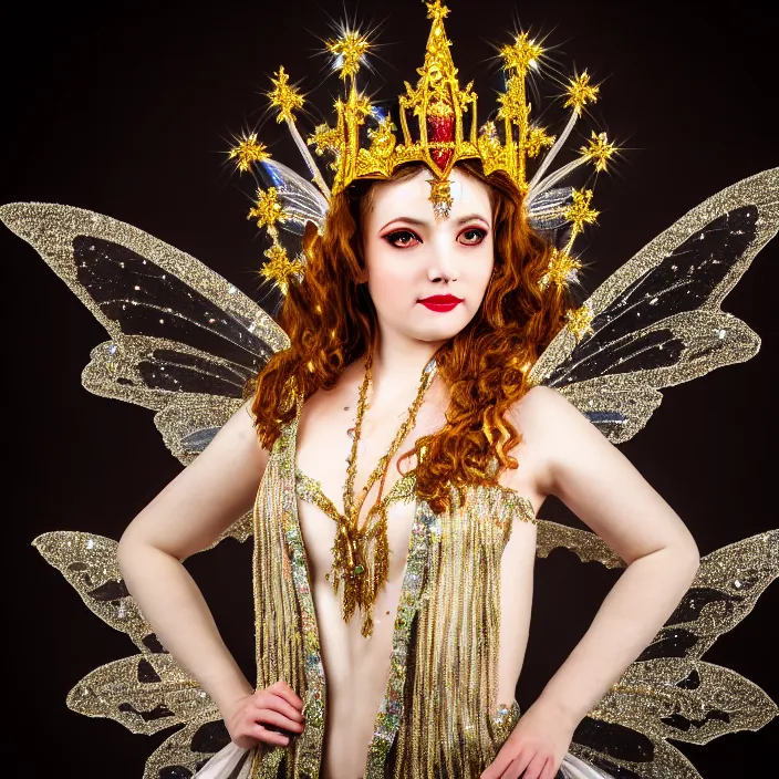 Prompt: full body photo of a very beautiful!! fairy queen with ornate sparkling robes, highly detailed, 4 k, hdr, smooth, sharp focus, high resolution, award - winning photo
