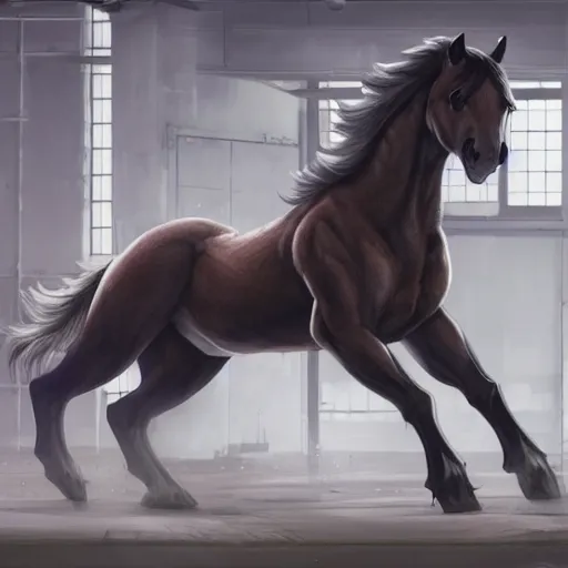 Image similar to splash art of an enormously muscular male anthro horse in a research facility wearing a skintight body armor, long white mane, furaffinity, anthro art, 8 k, unreal engine, by greg rutkowski, makoto shinkai, lois van baarle, ilya kuvshinov, tom bagshaw