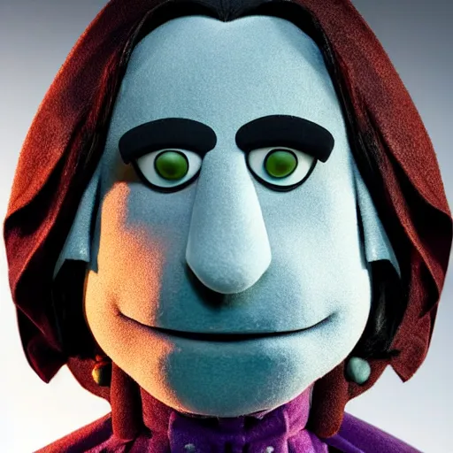 Image similar to Severus Snape depicted as a muppet, photography, cinematic lighting, close up shot