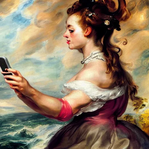 Image similar to heavenly summer sharp land sphere scallop well dressed lady taking a selfie with her iphone auslese, by peter paul rubens and eugene delacroix and karol bak, hyperrealism, digital illustration, fauvist, iphone