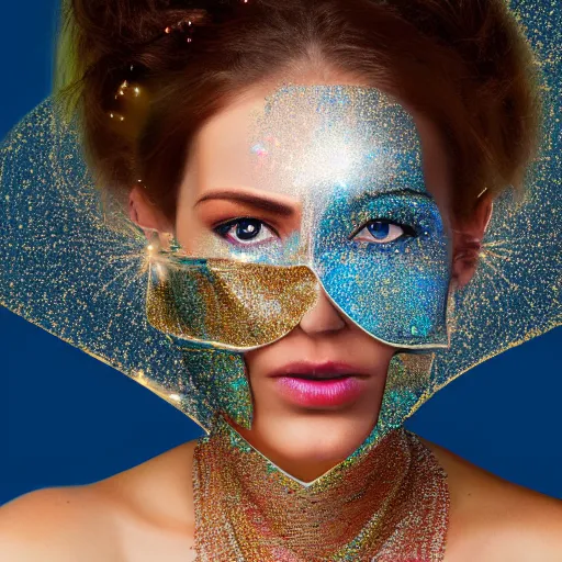 Image similar to portrait of a beautiful futuristic woman layered with high-tech jewelry wrapping around her face and head, golden-silver light with tiny blue, gold, and red gems scattered like dust