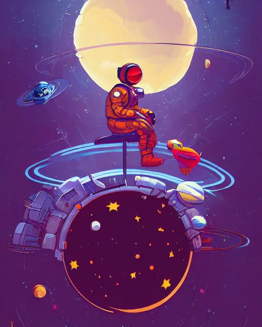 Image similar to an cosmonaut lie relaxed on a crescent moon between the stars and the planets in outer space, cosmonaut post grunge concept art,high detail,4k, trending on artstation by josan gonzalez and tyler edlin