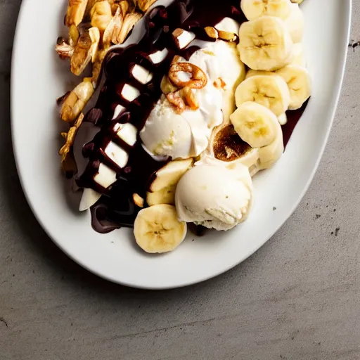 Prompt: dslr food photograph of an ice cream banana split with shrimps on top, banana, chocolate sauce, 8 5 mm f 1. 4