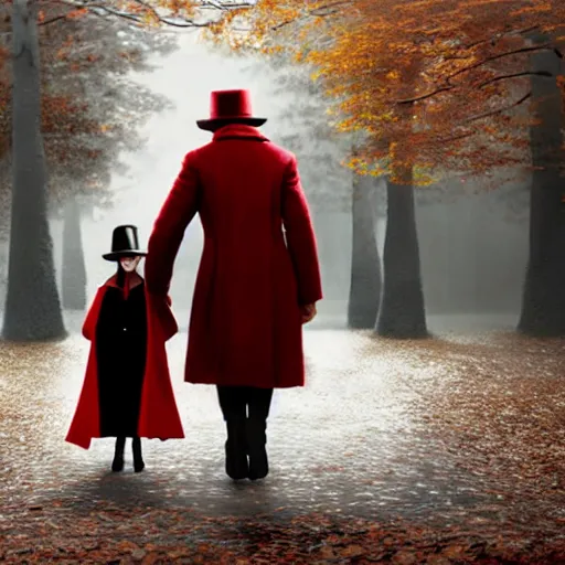 Image similar to a highly detailed epic cinematic concept art, a thin man in a black coat and bowler hat talks with small young girl who is dressed in a red coat and a red hat, park, autumn, wide angle, high detail, in style of Greg Rutkowski, width 768