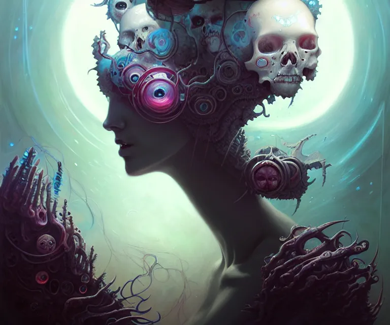 Prompt: mix media, biomecanical cyber alian of the whiched,, artwork by charlie bowater and tom bagshaw, insanely detailed, artstation, psychedelic art. atoms surrounded by skulls and spirits deep under the sea, horror, sci - fi, surrealist painting, by peter mohrbacher anato finnstark