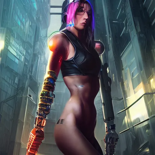 Prompt: cyberpunk girl wielding a sci - fi sword, electric energy, beautiful, full body shot, getting ready to fight, heroic pose, urban motifs, intricate, elegant, highly detailed, digital painting, trending on artstation, concept art, smooth sharp focus, illustration, art by artgerm and greg rutkowski