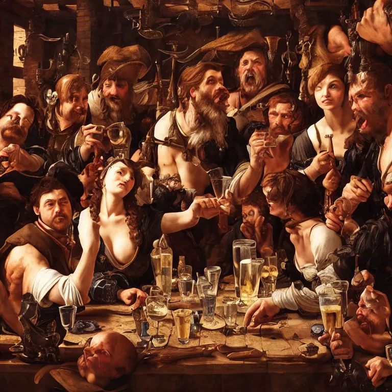Prompt: a tavern full of people with meads and beers. detailed faces. intricate details. fantasy poster. cinematic fantasy scene. fantasy. renaissance elements. renaissance element. intricate artwork by caravaggio. oil painting. award winning. trending on artstation. 8 k