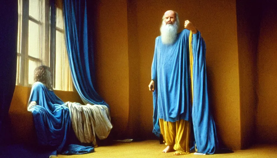 Prompt: 1 9 7 0 s movie still by tarkovsky of elder socrates in blue drapery in a yellow neoclassical square with collums, cinestill 8 0 0 t 3 5 mm, high quality, heavy grain, high detail, panoramic, ultra wide lens, cinematic composition, dramatic light, anamorphic, dof, piranesi style