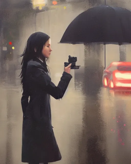 Image similar to A ultradetailed beautiful portrait panting of a stylish girl standing in the rain, she is holding a handgun ,side view, Oil painting, by Ilya Kuvshinov, Greg Rutkowski and Makoto Shinkai