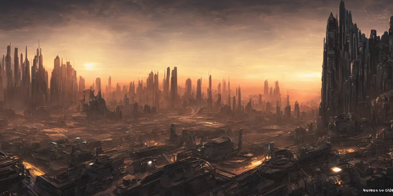 Prompt: sifi - ci city sunset, planets in the sky by dylan cole, matte painting with high detail, ground level, sci - fi star wars megacity with dramatic lighting and dramatic sky, 4 k, cinematic cinematography.