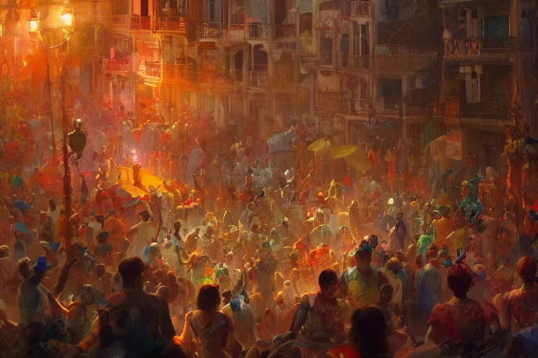 Image similar to carnaval de barranquilla colombia, thorough details, intricate, artstation, atmosphere, highly detailed, craig mullins, james jean, digital painting, deviantart, cinematic lighting, 4 k