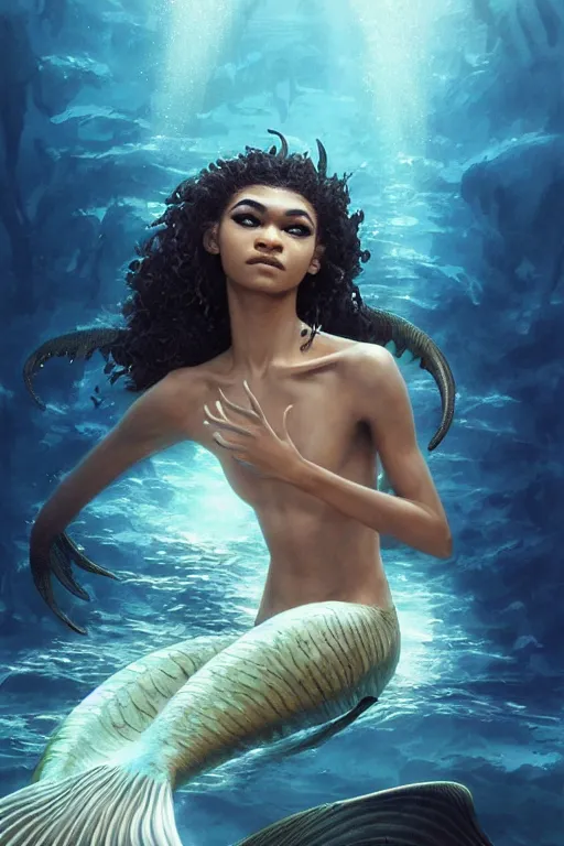 Image similar to zendaya as a dark - skinned la sirene haitian mermaid goddess, underwater, white lilies, shells, ethereal, bloom, highly detailed, sublime, highly detailed, trending on artstation, sharp focus, art by ruan jia and wlop and artgerm and greg rutkowski and magali villeneuve