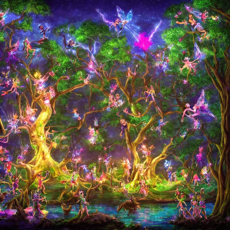 Image similar to a night carnival fairies around a magical tree next to a lake with iridiscent water, christmas lights, volumetric lightning, creatures and fantastic people disguised as fantastic creatures in a magical forest by summer night, masterpieceunderwater scene, masterpiece painted by kelton nelson, scene by night