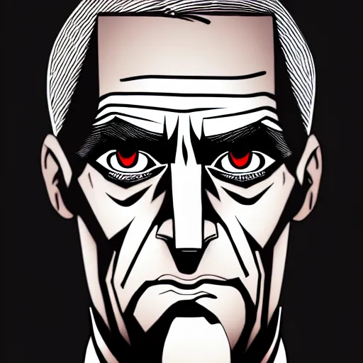 Prompt: solid glowing eyes, digital portrait of secretary of denis mcdonough face with solid glowing eyes, cover art of graphic novel, evil laugh, menacing, Machiavellian puppetmaster, villain, simple style, solid colors, clean lines, clean ink, trending on artstation