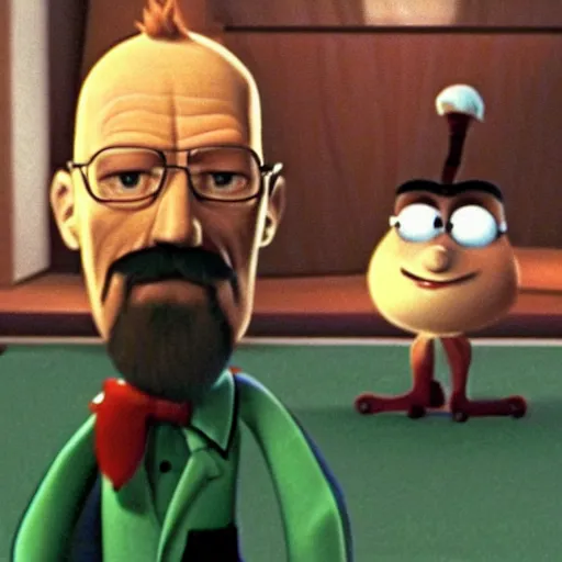 Prompt: a screenshot of Walter White in Meet The Robinsons (2007) vhs quality, set on night