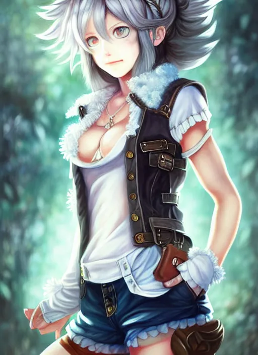 Prompt: a portrait of catgirl wearing white vest, and denim shorts an ultrafine detailed painting, detailed painting, beatyfull eyes, boris valejo. octopath traveler