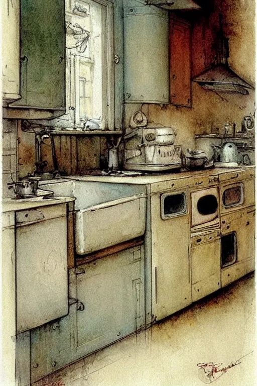 Prompt: ( ( ( ( ( 1 9 5 0 s kitchen. muted colors. ) ) ) ) ) by jean - baptiste monge!!!!!!!!!!!!!!!!!!!!!!!!!!!