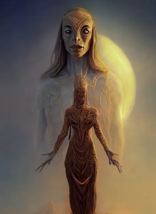 Image similar to biblical female druid android, pattern on skin, glowing veins, in clouds, sunset, portrait by wayne barlowe, by peter elson, by anato finnstark, studio lighting, muted colors, by frank frazetta, extreme detail, reflections, trending on artstation, 8 k