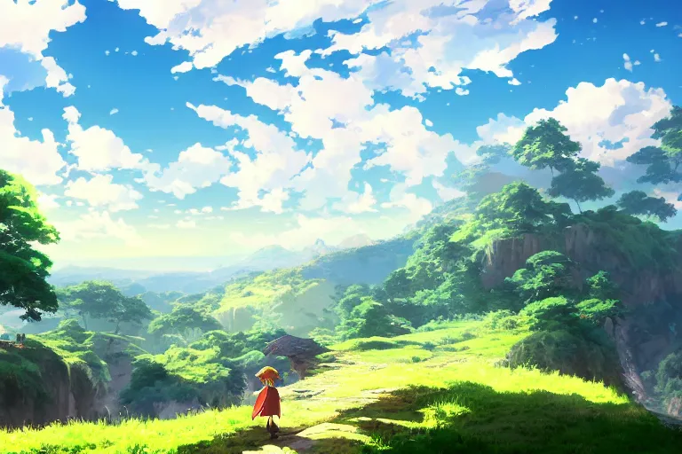 Image similar to wallpaper, 4 k, digital art, genshin impact, photorealism, realistic, unity, unreal engine, blue skies and rolling green fields, rpg isekai adventurers, anime, mountains, by hayao miyazaki, by studio ghibli, high quality, stunning, amazing work of arts, inspirational