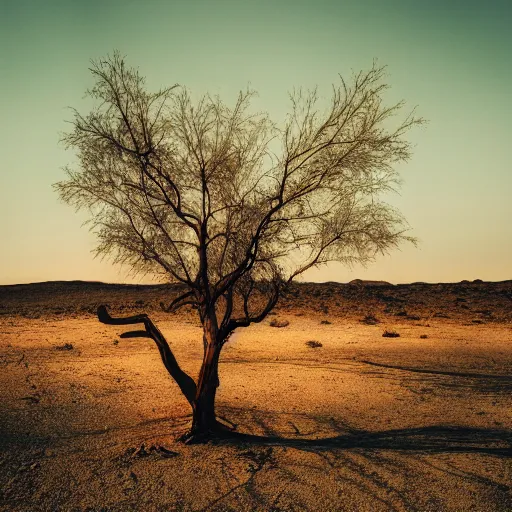 Image similar to photo of a burning tree in the middle of the desert, cinematic photography, dramatic setting