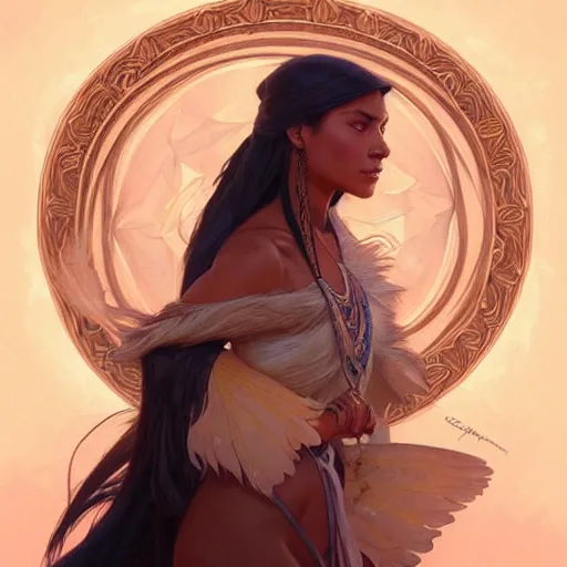 Image similar to Pocahontas, D&D, fantasy, intricate, elegant, highly detailed, digital painting, artstation, concept art, matte, sharp focus, illustration, art by Artgerm and Greg Rutkowski and Alphonse Mucha