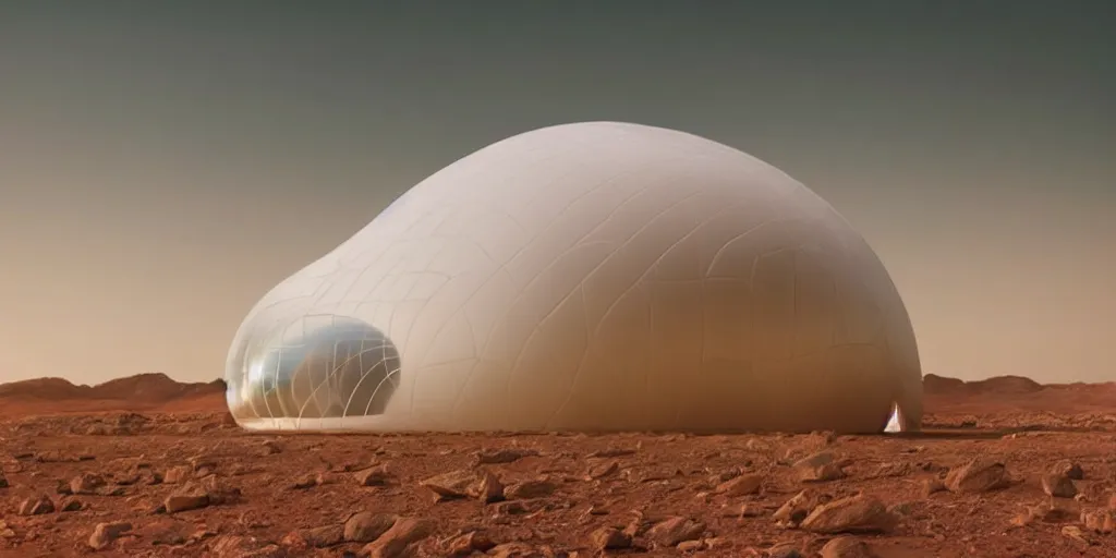 Image similar to a strange huge transparent pvc inflated organic architecture building white by jonathan de pas sits in the planet mars landscape, golden hour, film still from the movie directed by denis villeneuve with art direction by zdzisław beksinski, close up, telephoto lens, shallow depth of field