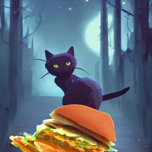 Prompt: deeply terrified cat running away from the giant carnivorous sandwich, artstation hq, dark phantasy, stylized, symmetry, modeled lighting, detailed, expressive, true unsimulated emotions, created by hayao miyazaki