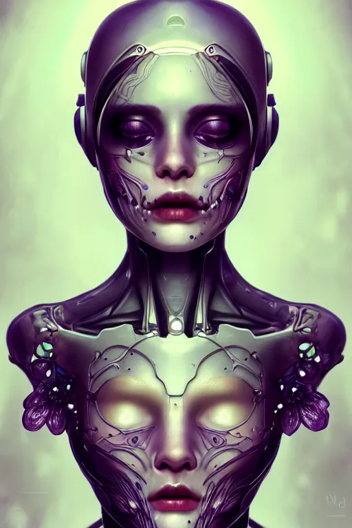 Image similar to ultra detailed portrait of a female android, eyes closed, 8 k, sci - fi, flowerpunk, fantasy, moody, calm, ( dia de los muertos ), asymmetrical, intricate concept art, art by artgerm and giger and michael welan and alphonse mucha and loish and wlop