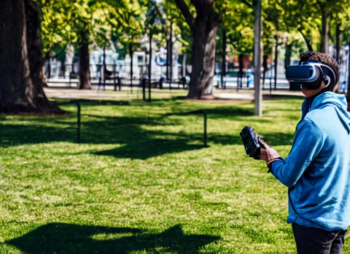 Image similar to photo still of a bronze statue of a man gaming in vr in a park on a bright sunny day, 8 k 8 5 mm f 1 6