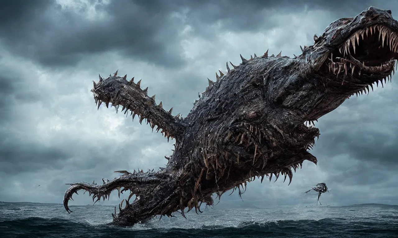 Prompt: a gigantic ultra-detailed scary monster that looks like an angler-fish with extremities like crocodile ,wet and slimy with a very large mouth, is coming out of the sea on a beach, there are people fleeing in terror, photo-realistic, stormy sky, photo by national geographic