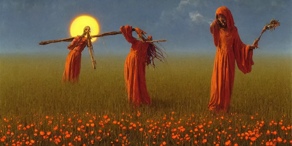 Prompt: a witch with a pumpkin head burning on a cross at sunset casting shadows across a field of flowers, beksinski, dariusz zawadzki