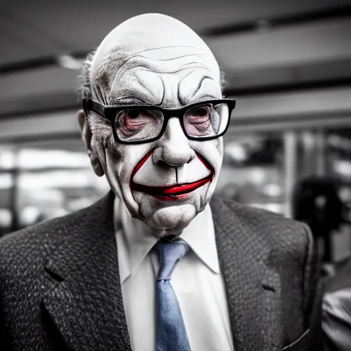 Prompt: Rupert Murdoch as The Joker, joker makeup, Rupert Murdoch, portrait photography, color photo, depth of field, bokeh