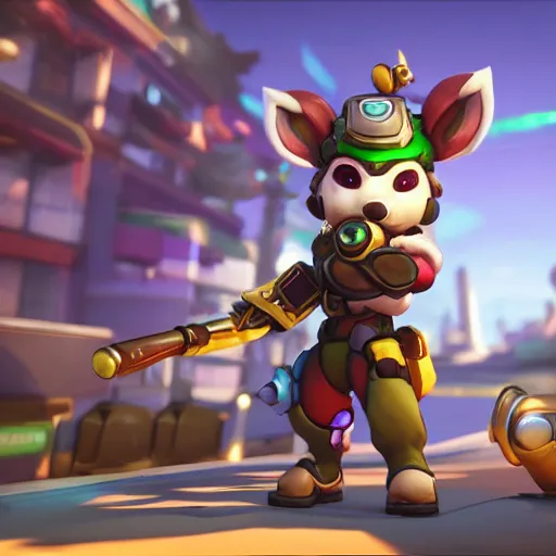 Image similar to teemo is the newest overwatch character, kings row in the background, octane render, blender render, unreal engine, standing pose, cinematic lighting, symmetrical