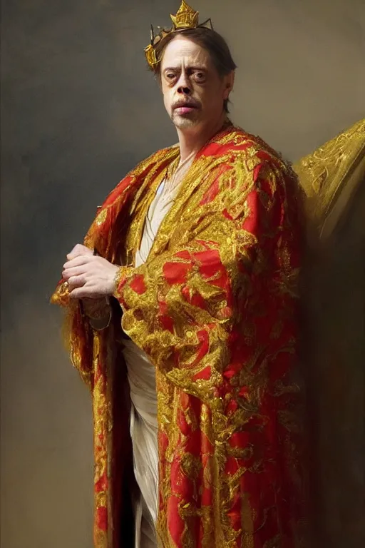 Image similar to beautiful portrait oil painting, steve buscemi wearing a golden wreath crown in royal crimson robes enthroned as the god emperor of ancient rome, mid - shot, by anders zorn, wonderful masterpiece by greg rutkowski, beautiful cinematic light, american romanticism, by thomas lawrence, greg rutkowski