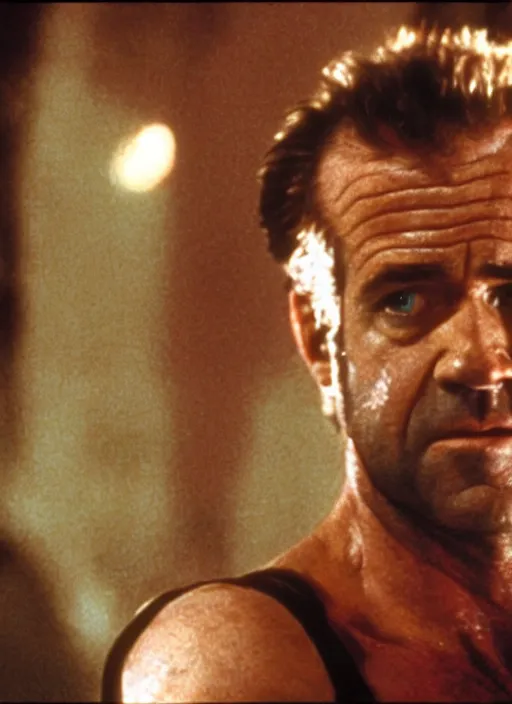 Prompt: film still of Mel Gibson as John McClane in Die Hard, 4k