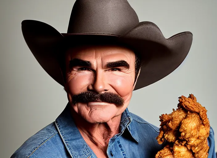 Prompt: studio portrait photo still of 2 0 year old burt reynolds!!!!!!!! at age 2 0 2 0 years old 2 0 years of age!!!!!!! wearing a cowboy hat holding a bucket of fried chicken, 8 k, 8 5 mm f 1. 8, studio lighting, rim light, right side key light