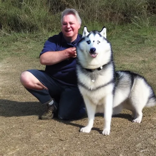 Prompt: tom scott posing with a husky