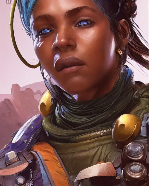 Prompt: Aubre O'day as an Apex Legends character digital illustration portrait design by, Mark Brooks and Brad Kunkle detailed, gorgeous lighting, wide angle action dynamic portrait