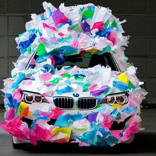 Prompt: bmw hatchback made of tissue paper, tissue paper art