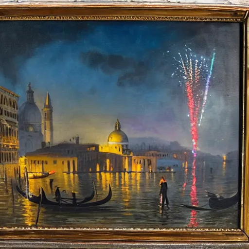 Image similar to an oil painting of couple kissing, in a background fireworks in venice