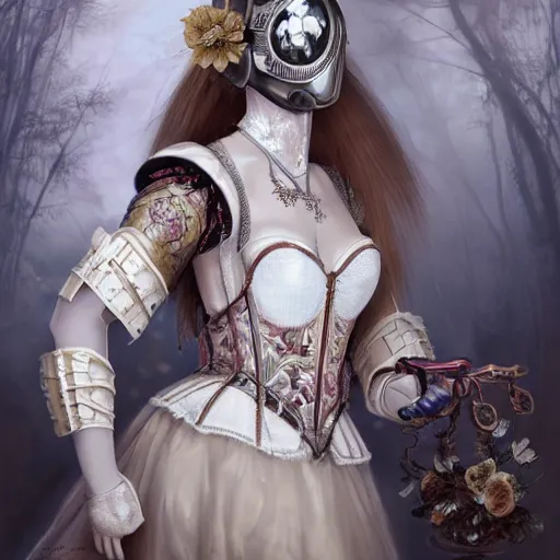 Image similar to A masterpiece ultrarealistic ultradetailed portrait of a Incredibly beautiful angel armored princess knight IN INCREDIBLE ceramic GAS MASK WITH FLOWERS and swarovski crystals. baroque renaissance. in the forest. White amazing corset. medium shot, intricate, elegant, highly detailed. trending on artstation, digital art, by Stanley Artgerm Lau, WLOP, Rossdraws, James Jean, Andrei Riabovitchev, Marc Simonetti, Yoshitaka Amano. background by James Jean and Gustav Klimt, light by Julie Bell, 4k, porcelain skin. BY ZDIZISLAW BEKSINSKI Cinematic concept art