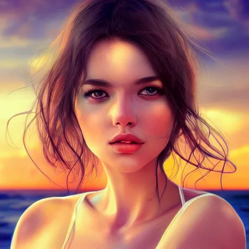 Prompt: portrait of beautiful woman on the beach, heterochromia eyes, sunset, highly detailed, bokeh, digital painting by wlop, rossdraws, artgerm.