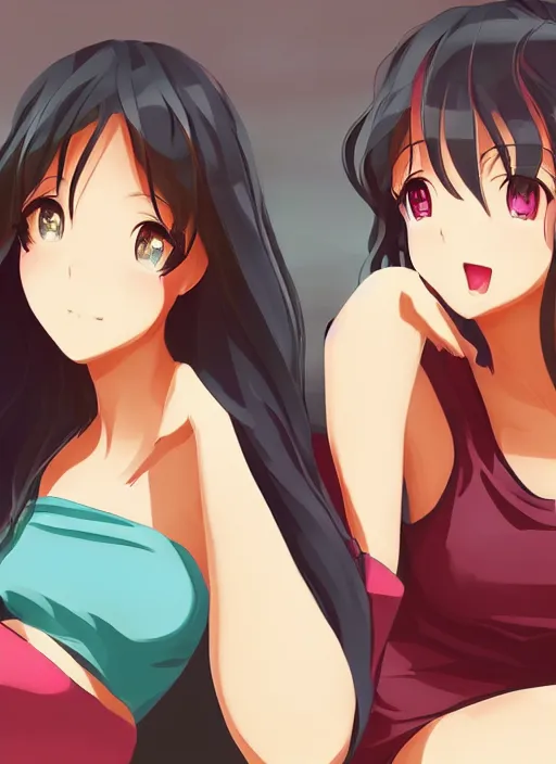 Image similar to two beautiful mothers sitting by a fan on a hot summer evening, gorgeous faces, thick lines, cinematic lighting, detailed anime art