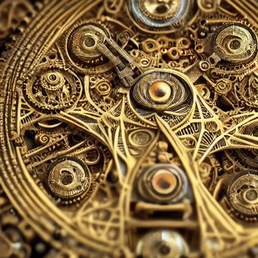 Prompt: a macro photo of a mechanical eye, close - up, large intricate iris with gears inside, intricate brass filaments, intricate details, intricate gears and lenses, intricately detailed engravings, intricately detailed markings, intricate textures, warm lighting, vivid colors, realistic octane render, hyper realistic render, volumetric shading, depth of field, raytracing, 8 k,