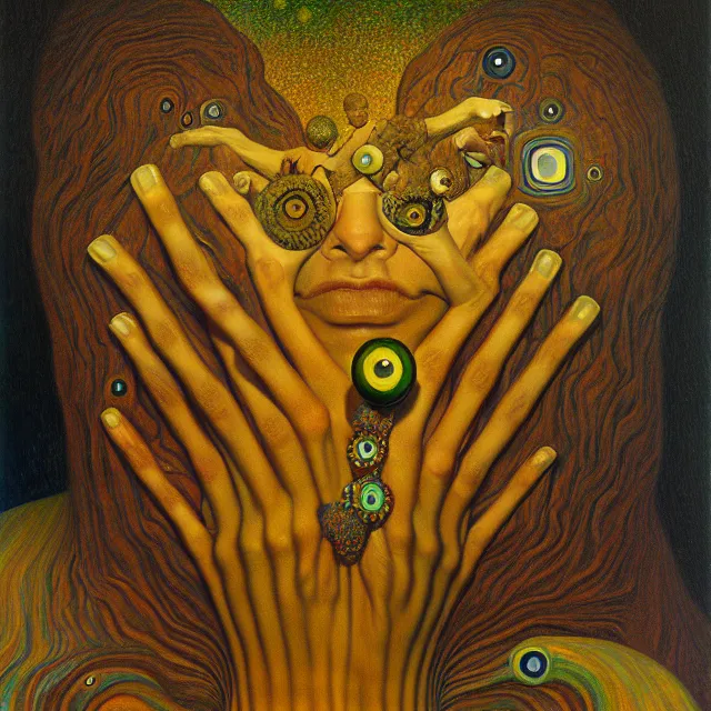 Image similar to an oil on canvas portrait painting, polycount, surrealism, surrealist, lovecraftian, cosmic horror, grant wood, gustav klimt, high detail